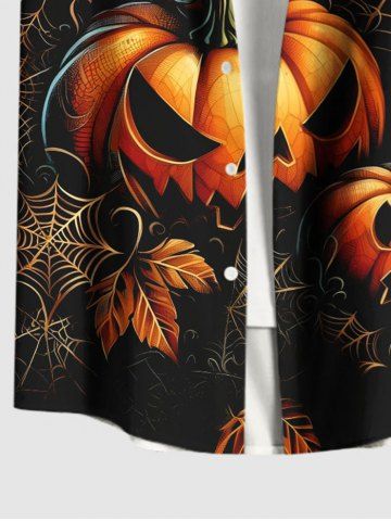 Plus Size Pumpkin Leaf Spider Web Print Halloween Button Pocket Shirt For Men