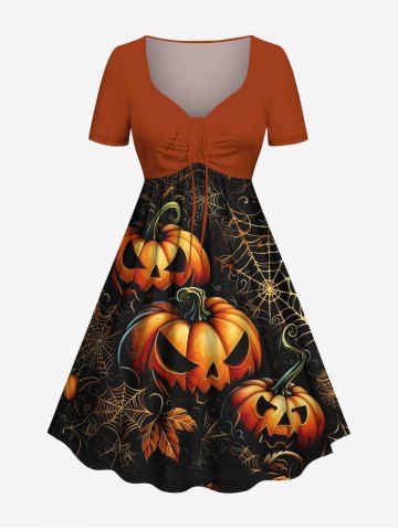 Plus Size Pumpkin Leaf Spider Web Print Halloween Cinched A Line Dress - BLACK - XXS