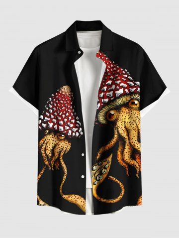 Plus Size Squid Mushroom Print Hawaii Button Pocket Shirt For Men - BLACK - M
