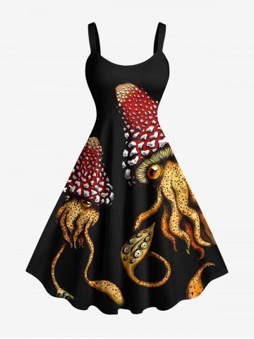 Plus Size Squid Mushroom Print Hawaii A Line Tank Dress - BLACK - XXS