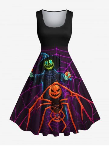 Plus Size Pumpkin Wizard Spider Web Print Halloween 1950s Vintage Swing A Line Dress - BLACK - XXS