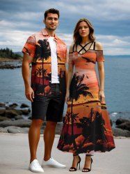 Tenue de plage hawaïenne assortie grande taille à imprimé cocotier et mer ombré et crépuscule pour couples - Orange 