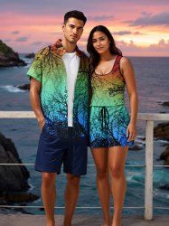 Matching Hawaii Shirt and Romper Plus Size Beach Outfit Tree Branch Ombre Print For Couples -  