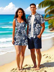 Ensemble chemise et barboteuse hawaïennes assorties, grande taille, tenue de plage, imprimé feuilles tropicales et hibiscus, pour couples - Bleu 