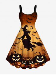 Plus Size Halloween Costume Bat Pumpkin Wizard Tree Print Tank Dress -  