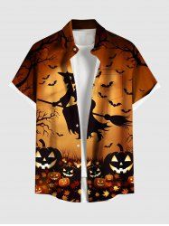 Plus Size Halloween Costume Bat Pumpkin Wizard Tree Print Buttons Pocket Shirt For Men -  