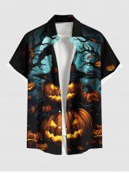Chemise grande taille pour homme, avec boutons et poche, imprimé citrouille, arbre, chauve-souris, lune - Noir S