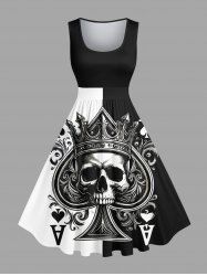 Plus Size Halloween Poker Skull Heart Two Tone Colorblock Print 1950s Vintage Dress -  