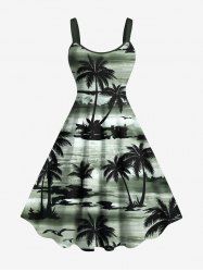 Plus Size Coconut Tree Sea Waves Print Hawaii Tank Dress -  