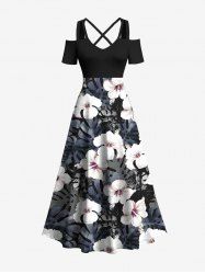 Plus Size Hibiscus Flowers Tropical Leaf Print Cold Shoulder Crisscross Hawaii Maxi Dress -  