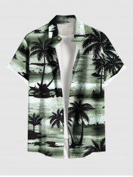 Plus Size Coconut Tree Sea Waves Print Buttons Pocket Hawaii Shirt For Men -  