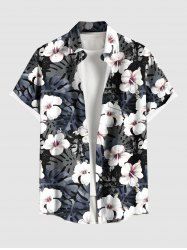 Plus Size Hibiscus Flowers Tropical Leaf Print Buttons Pocket Hawaii Shirt For Men -  