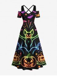 Plus Size Halloween Bat Pumpkin Moon Heart Print Cold Shoulder Crisscross Maxi Dress -  