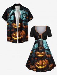 Halloween Pumpkin Hat Tree Bat Moon Print Plus Size Matching Outfit For Couples -  