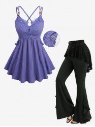 Floral Applique Textured Pockets Crisscross Strappy Top and Skull Fishnet Overlay Ruffles Skirted Flare Pants Plus Size Outfit -  