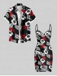 Two Tone Tropical Leaf Hibiscus Flower Print Plus Size Matching Hawaii Beach Outfit For Couples -  