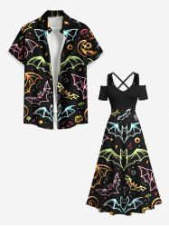 Halloween Bat Galaxy Print Plus Size Matching Outfit For Couples -  