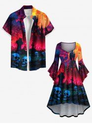 Tenue assortie grande taille pour couple, motif crâne, pierre tombale, château, lune, galaxie, ombré - Rouge 
