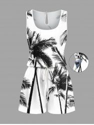 Plus Size Coconut Tree Ink Painting Print Hawaii Drawstring Pocket Romper -  