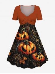 Plus Size Pumpkin Leaf Spider Web Print Halloween Cinched A Line Dress -  