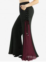 Plus Size Grommets Lace Up Patchwork Pleated Pockets Flare Pants -  