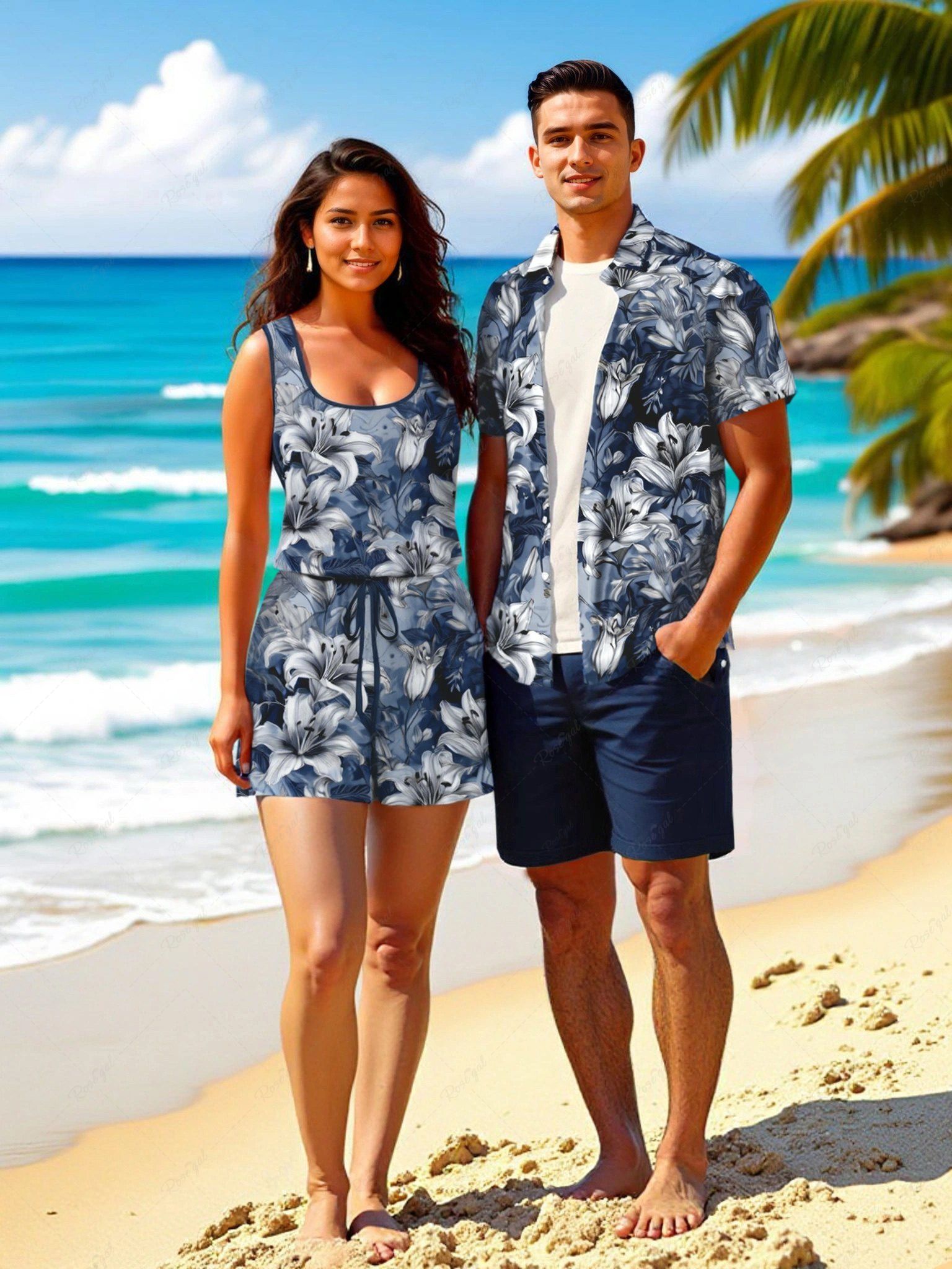 Ensemble chemise et barboteuse hawaïennes assorties, grande taille, tenue de plage, imprimé feuilles tropicales et hibiscus, pour couples Bleu 