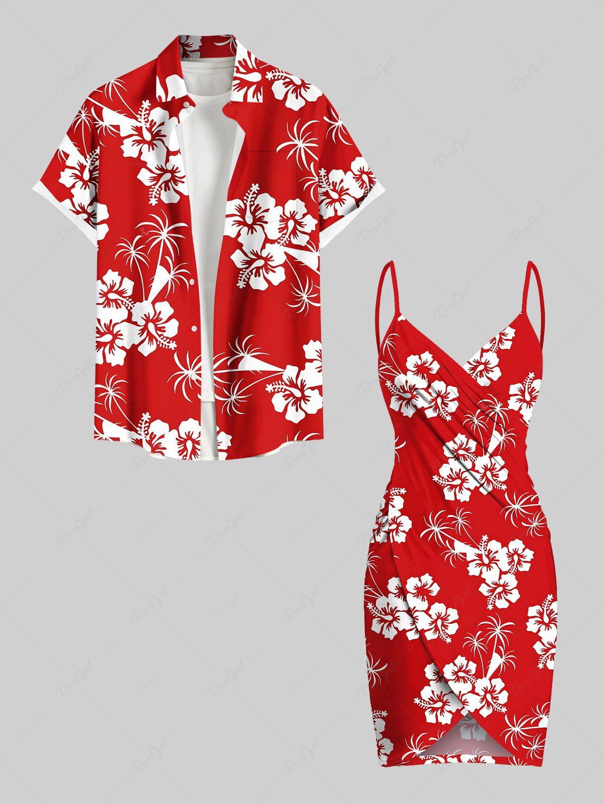 Fancy Coconut Tree Hibiscus Flower Print Plus Size Matching Hawaii Beach Outfit For Couples  