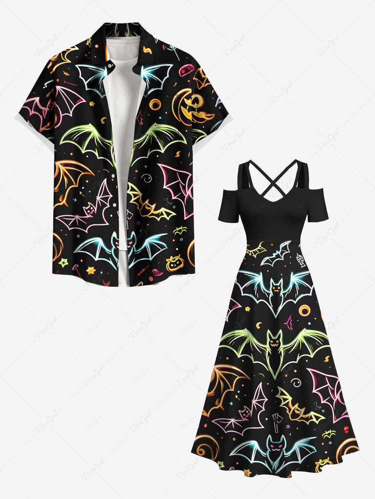 Online Halloween Bat Galaxy Print Plus Size Matching Outfit For Couples  
