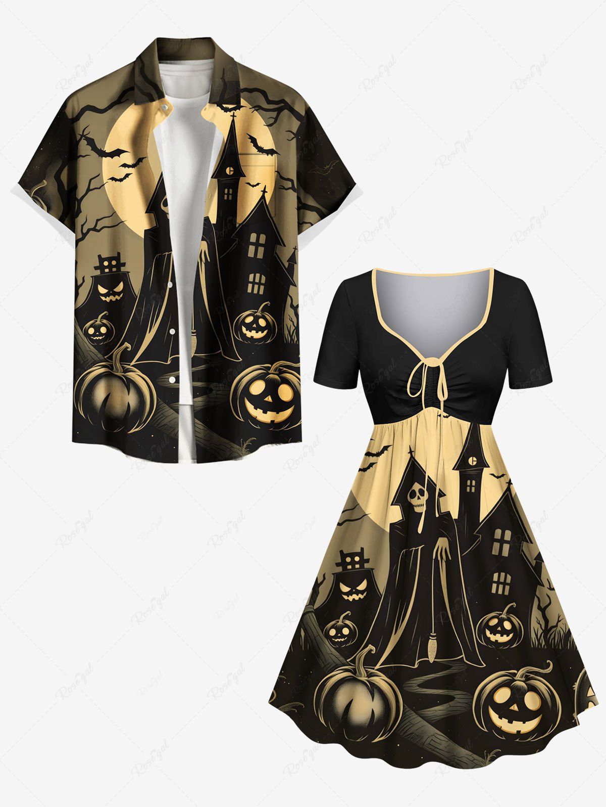 Latest Halloween Pumpkin Skull Castle Bat Tree Moon Print Plus Size Matching Outfit For Couples  