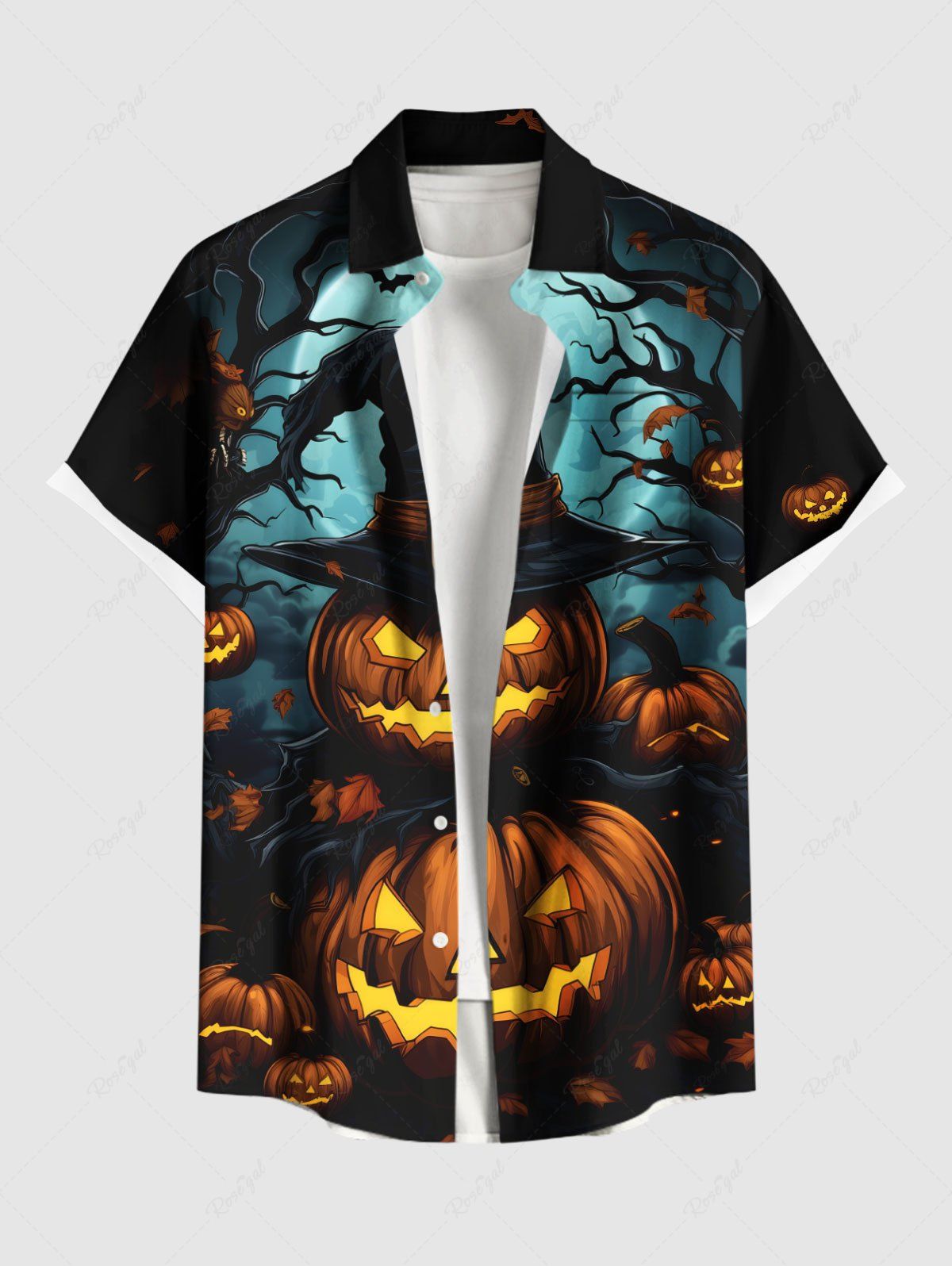 Chemise grande taille pour homme, avec boutons et poche, imprimé citrouille, arbre, chauve-souris, lune Noir 2XL