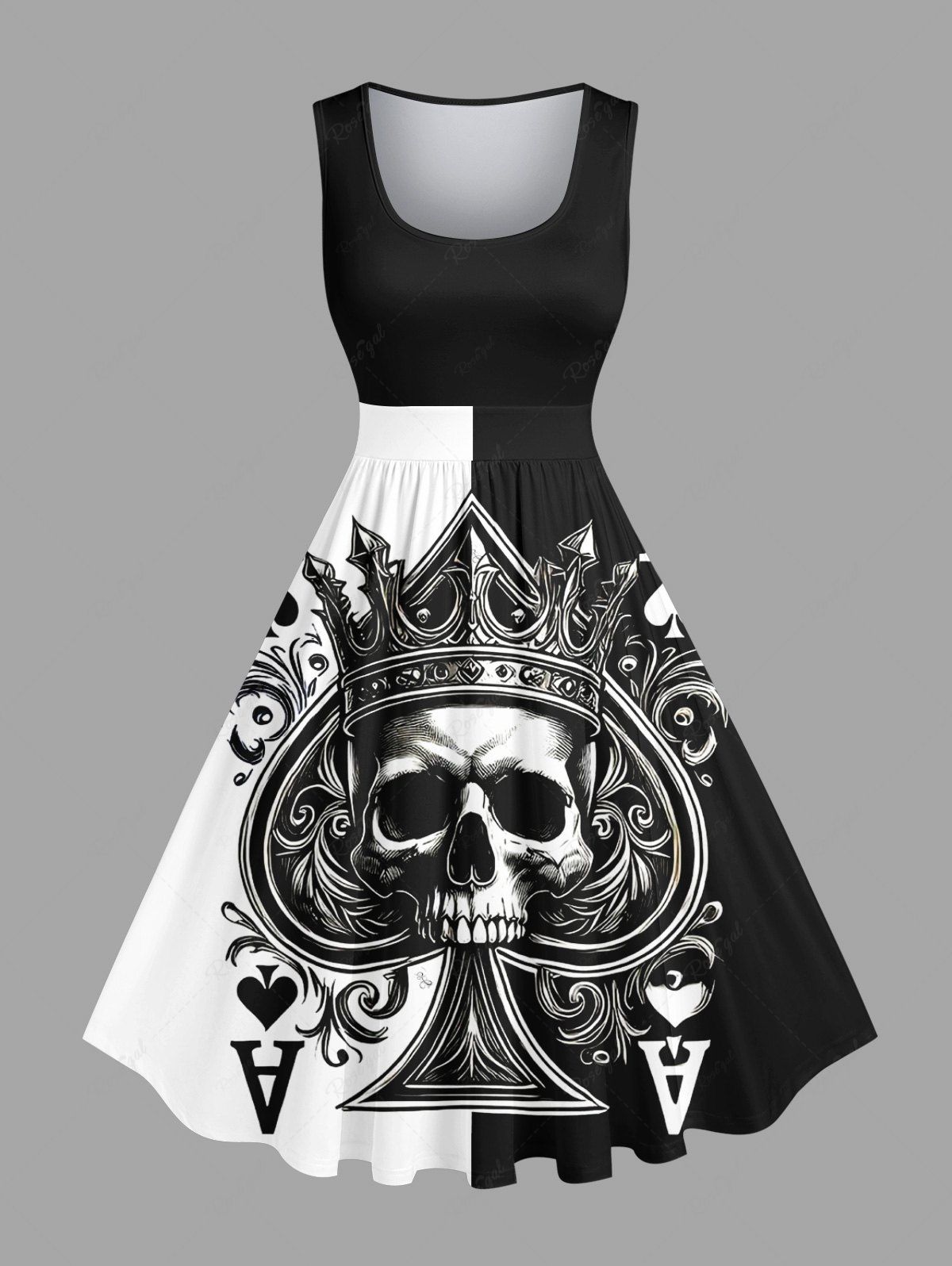 New Plus Size Halloween Poker Skull Heart Two Tone Colorblock Print 1950s Vintage Dress  