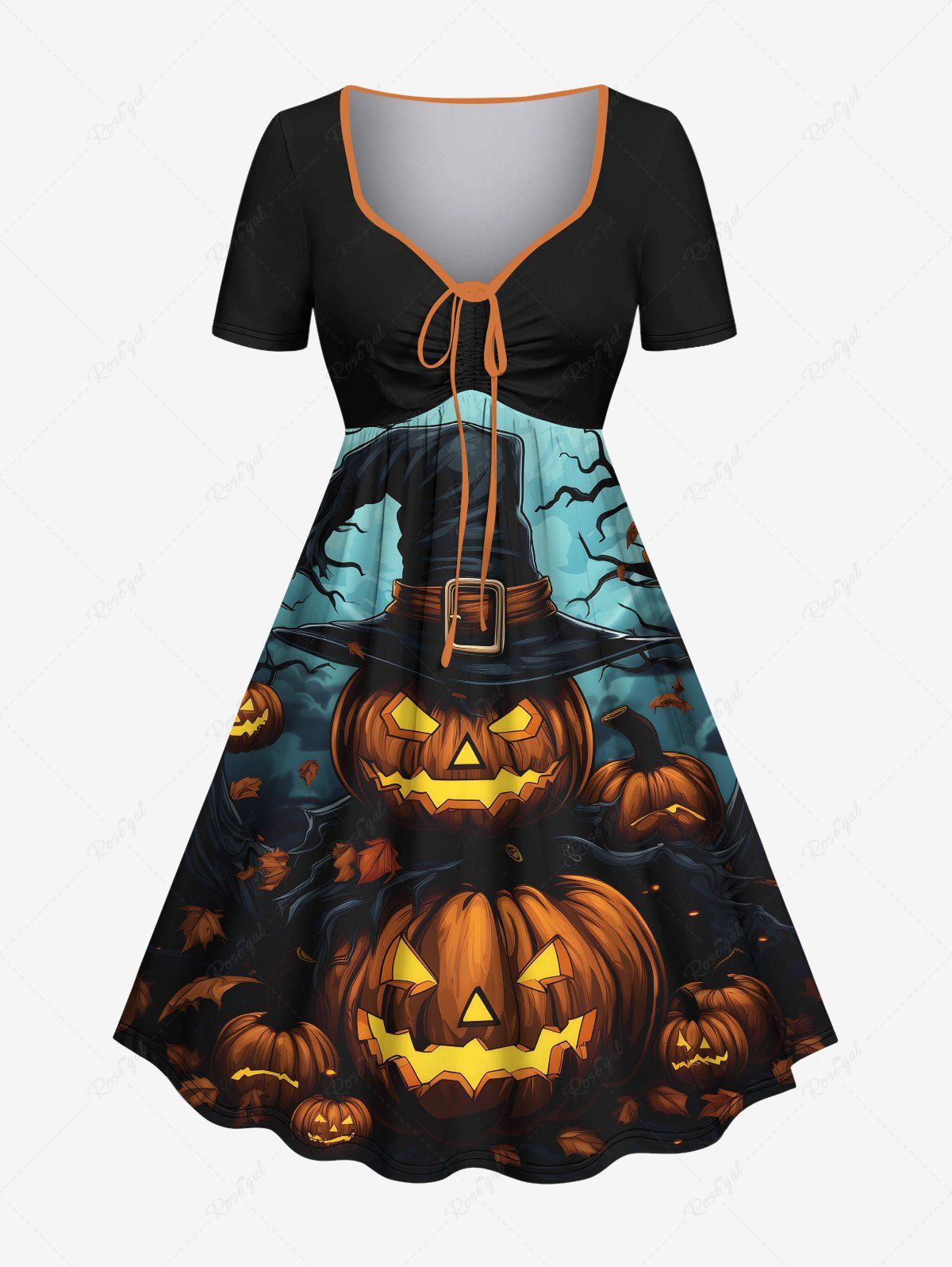 Fashion Plus Size Halloween Pumpkin Hat Tree Bat Moon Print Cinched Dress  