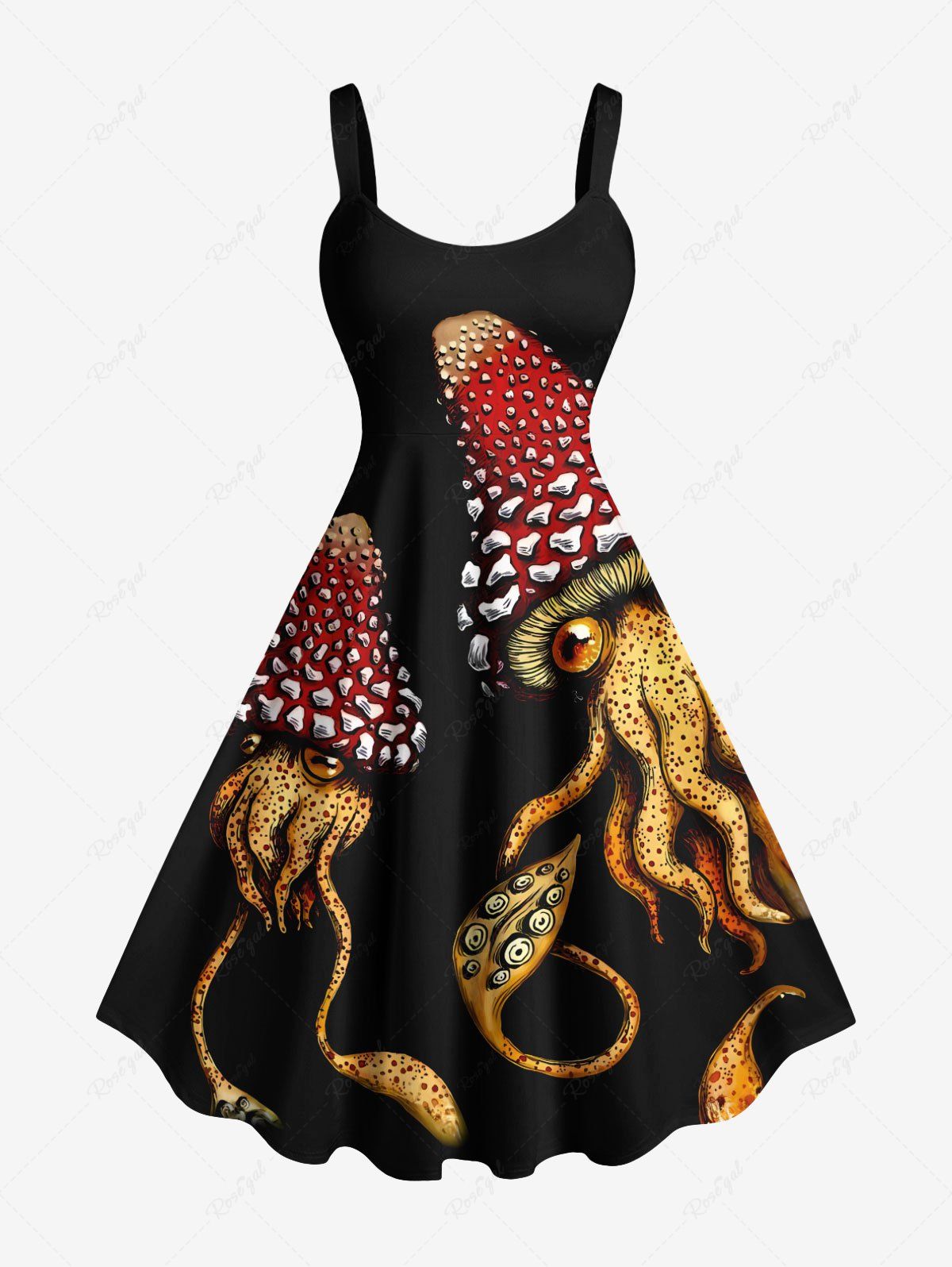 Robe débardeur trapèze hawaïenne grande taille à imprimé champignons et calamars Noir XXS