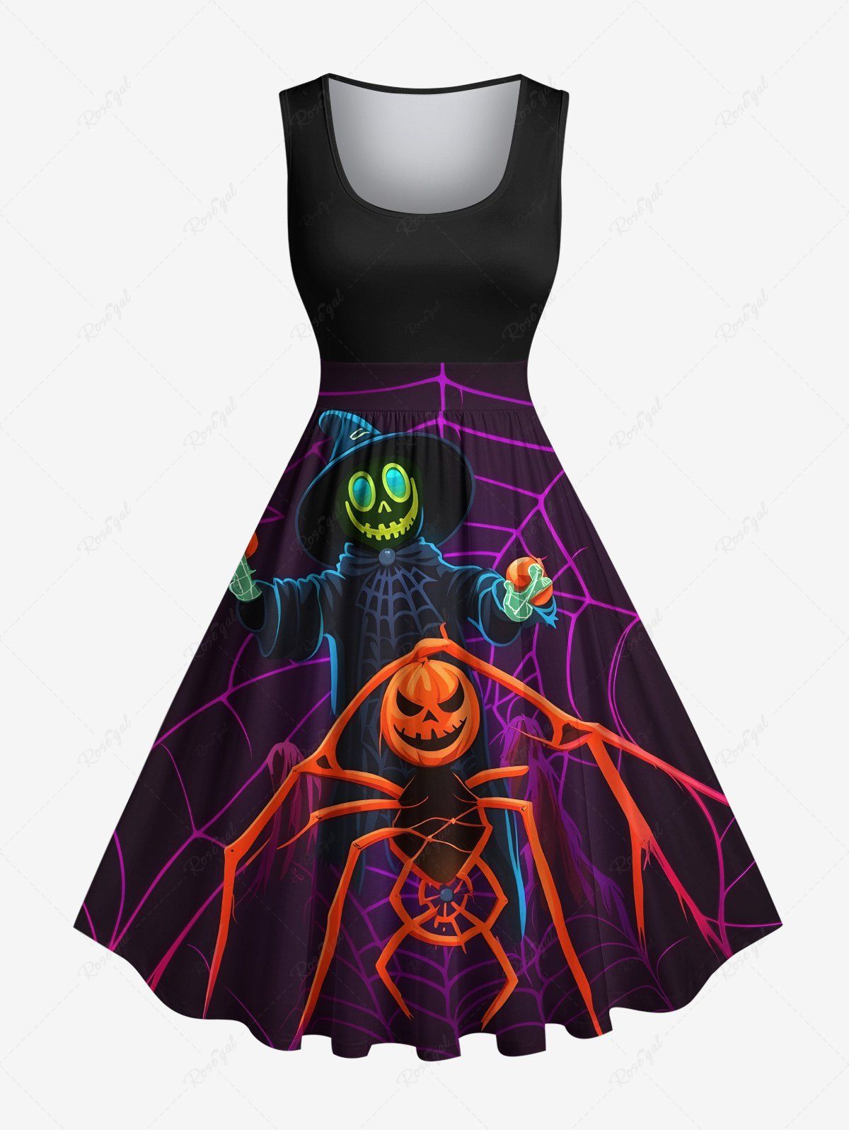 Buy Plus Size Pumpkin Wizard Spider Web Print Halloween 1950s Vintage Swing A Line Dress  