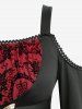 Haut à manches évasées et épaules dénudées en dentelle floquée et pantalon évasé en maille à motifs de têtes de mort, tenue grande taille - Noir 