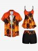 Maillot de bain tankini hawaïen coupe garçonne à imprimé cocotiers, ombré, crépuscule et coucher de soleil (bretelles réglables) - Orange 3X