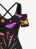 Plus Size Halloween Bat Pumpkin Moon Heart Print Cold Shoulder Crisscross Maxi Dress -  