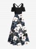 Plus Size Hibiscus Flowers Tropical Leaf Print Cold Shoulder Crisscross Hawaii Maxi Dress -  
