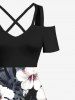 Plus Size Hibiscus Flowers Tropical Leaf Print Cold Shoulder Crisscross Hawaii Maxi Dress -  