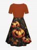 Plus Size Pumpkin Leaf Spider Web Print Halloween Cinched A Line Dress -  