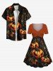 Plus Size Pumpkin Leaf Spider Web Print Halloween Cinched A Line Dress -  
