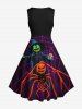 Plus Size Pumpkin Wizard Spider Web Print Halloween 1950s Vintage Swing A Line Dress -  