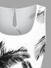 Plus Size Coconut Tree Ink Painting Print Hawaii Drawstring Pocket Romper -  