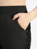 Plus Size Grommets Lace Up Patchwork Pleated Pockets Flare Pants -  