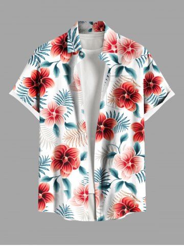 Plus Size Flowers Tropical Leaf Print Buttons Pocket Hawaii Shirt For Men - WHITE - 4XL