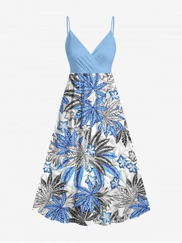Plus Size Tropical Leaf Hibiscus Flowers Print Surplice Hawaii Cami Dress - SKY BLUE - 6X