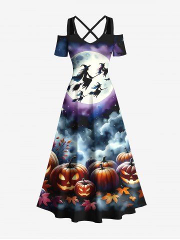 Plus Size Halloween Moon Pumpkin Maple Leaf Bat Cloud Print Cold Shoulder Crisscross Maxi Dress - BLACK - XXS