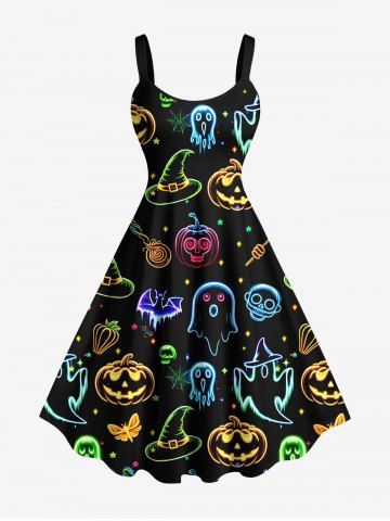 Plus Size Halloween Pumpkin Ghost Bat Butterfly Skulls Candy Star Print Tank Dress