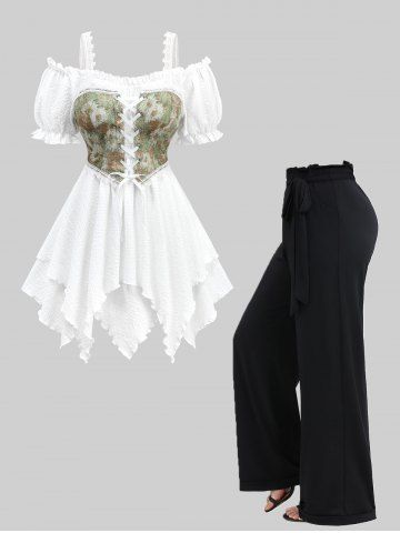 Sunflower Oil Painting Print Lace Up Cold Shoulder Top and Ruffles Waist Wide Leg Pants Plus Size Outfit - WHITE