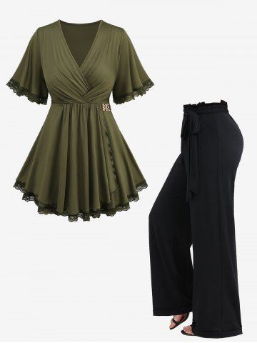Lace Trim Surplice Asymmetrical T-shirt and Waist Ruffles Wide Leg Pants Plus Size Outfit - GREEN